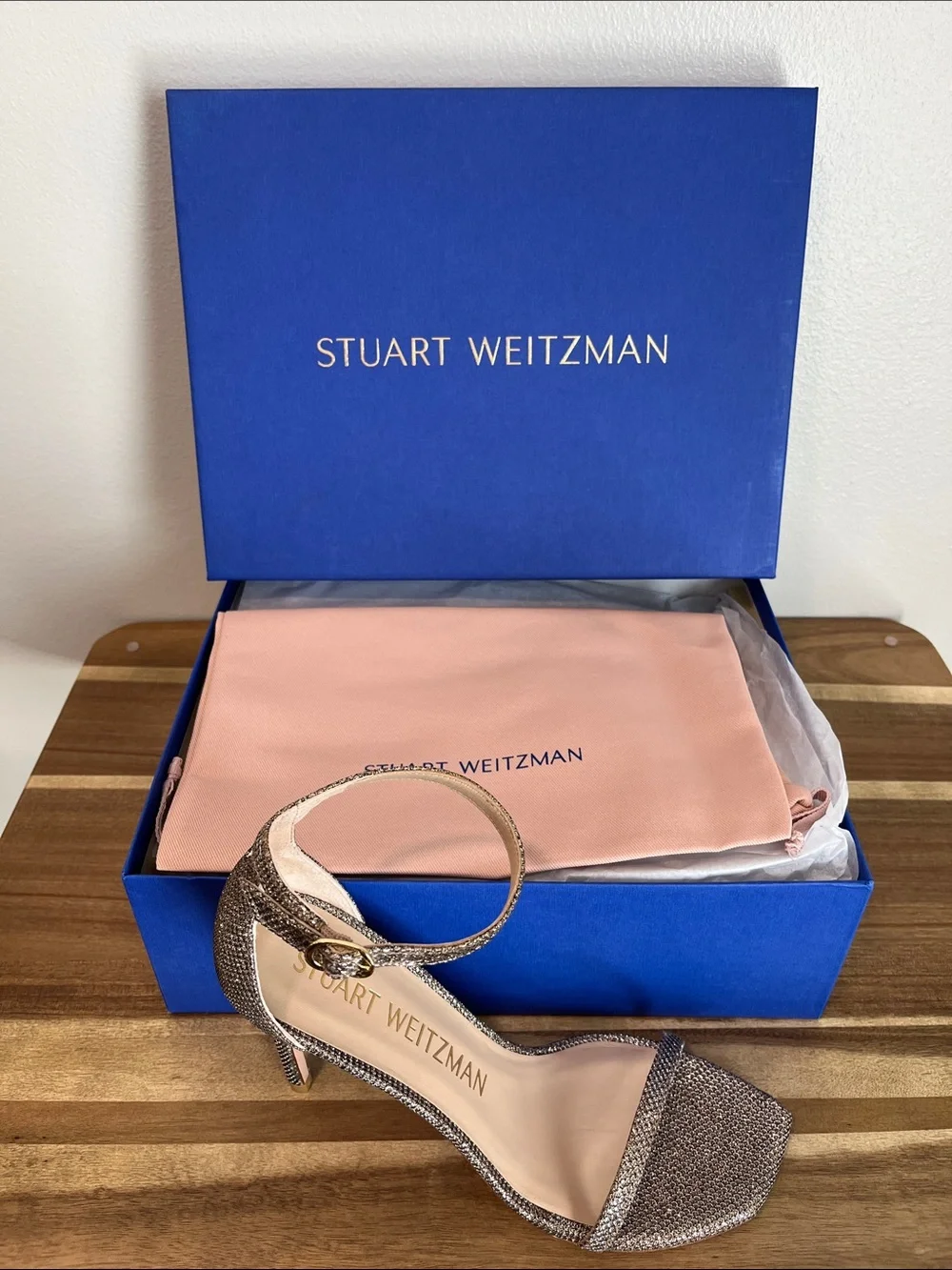 Stuart Weitzman Metallic Gold Ankle-Strap Stiletto Sandal Retail $475